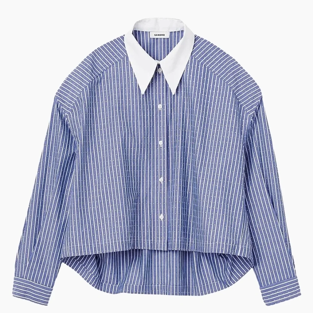 Sandro Blue Striped Button-Front Shirt with White Collar - Picture 1 of 10
